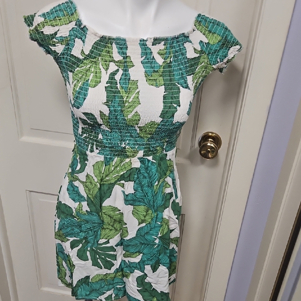 Smocked Green Leaf Print Women's Rayon Dress